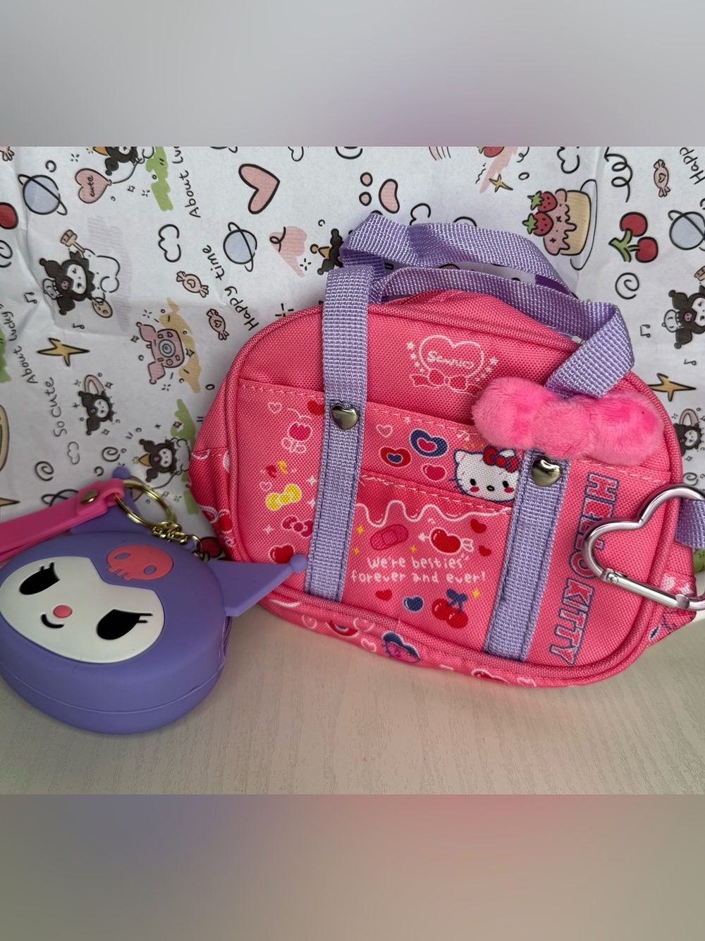 Hello Kitty Pink Ita and Purple Kuromi Keychain Charm Coin Pouch